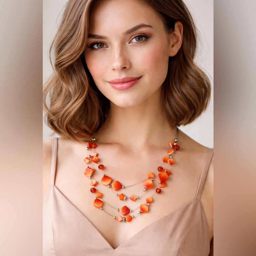 Coral Orange Beaded Acrylic‎ Necklace Multi Strand Boho Beach Vacation Cruise